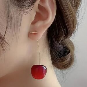 Boutique Vibrant Gold Plated Red Cherry Dangle Drop Earrings